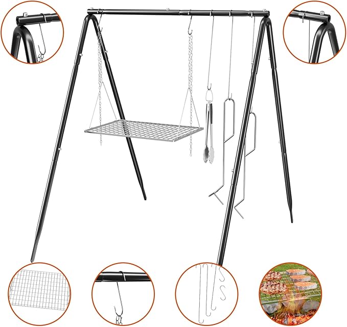 Grill Swing Campfire Cooking Stand with Stainless Steel Grill Grate for Cookware & Dutch Oven