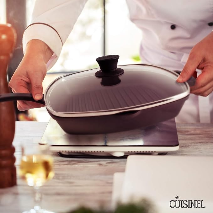 Cuisinel Cast Iron Square Grill Pan + Glass Lid + Pan Scraper + Handle Cover - 10.5" Pre-Seasoned