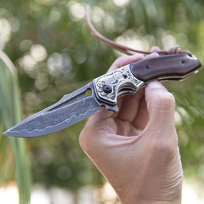 Handmade japanese vg10 damascus steel pocket knife,rosewood handle,sheath,liner lock,folding knives