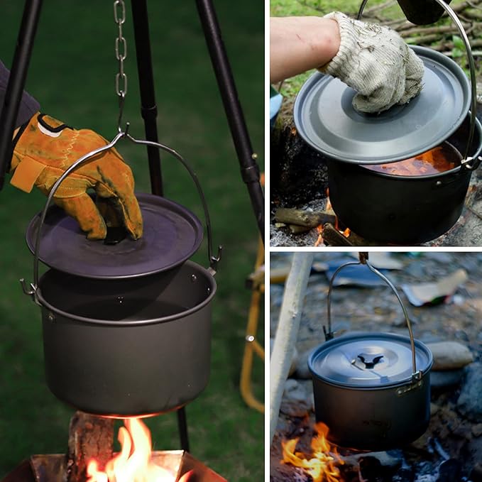 Aluminum Alloy Camping Hanging Pot with Lid Lifter Handle Lightweight 4200ml Portable Pot for