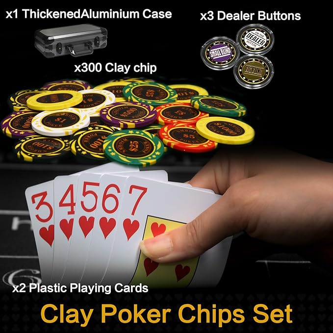 13.5 Gram Clay Poker Chip Set Texas Hold'em Casino Chips 2 Decks of Cards, Aluminum Case Dealer