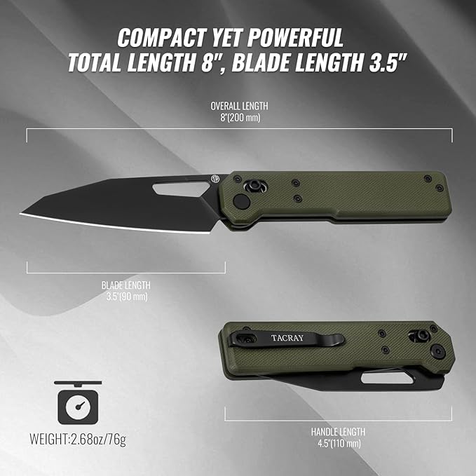 Tarcus Folding Pocket Knife, 3.5" D2 Steel DLC Blade G10 Handle, Lightweight EDC Knife with