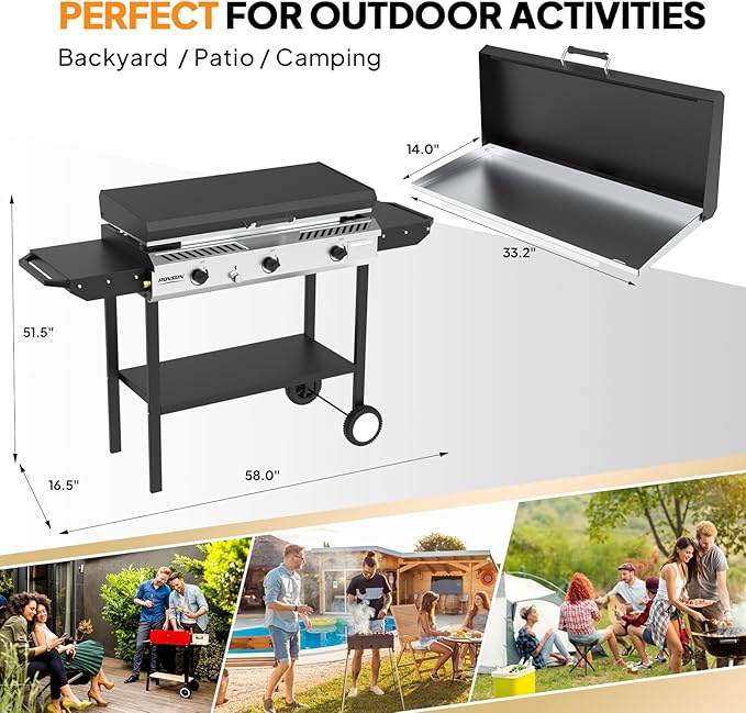ROVSUN 3 Burner Outdoor Propane Gas Stove with Griddle, Ignition & Side Shelves, 225,000 BTU