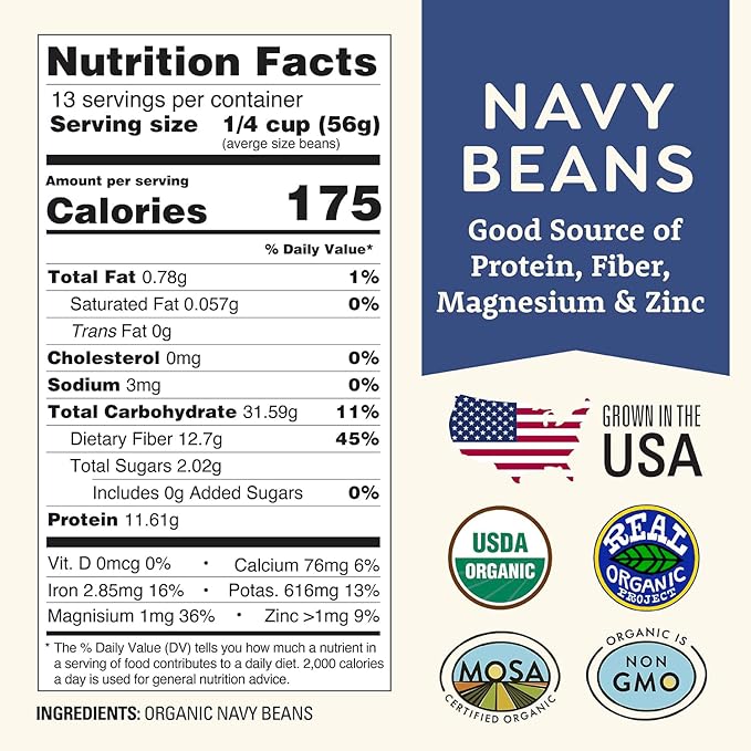 Organic Navy Beans 1 lb - Non-GMO, USDA Organic, Tested Clean Certified, Vegan - Rich in Fiber &