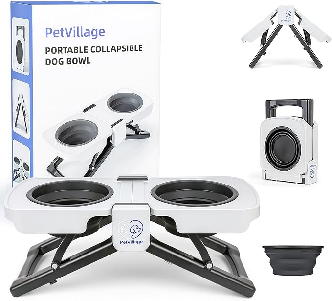 Portable Foldable Elevated Dog Bowls Stand with Dual Dishes, Compact Travel Pet Feeding Table for
