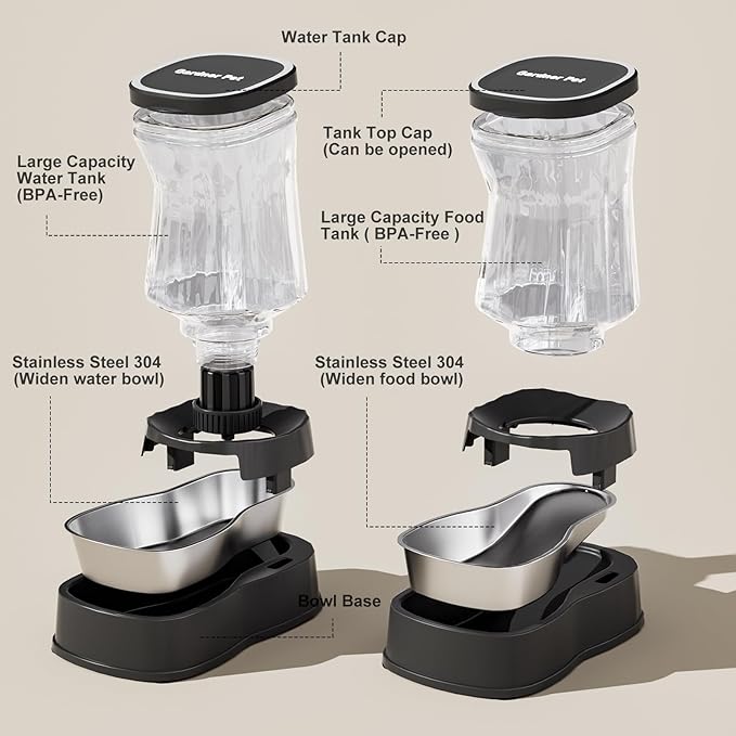 Automatic Pets Gravity Feeder and Water Dispenser Set with Stainless Steel Bowl, 1Gallon x 2 Stable