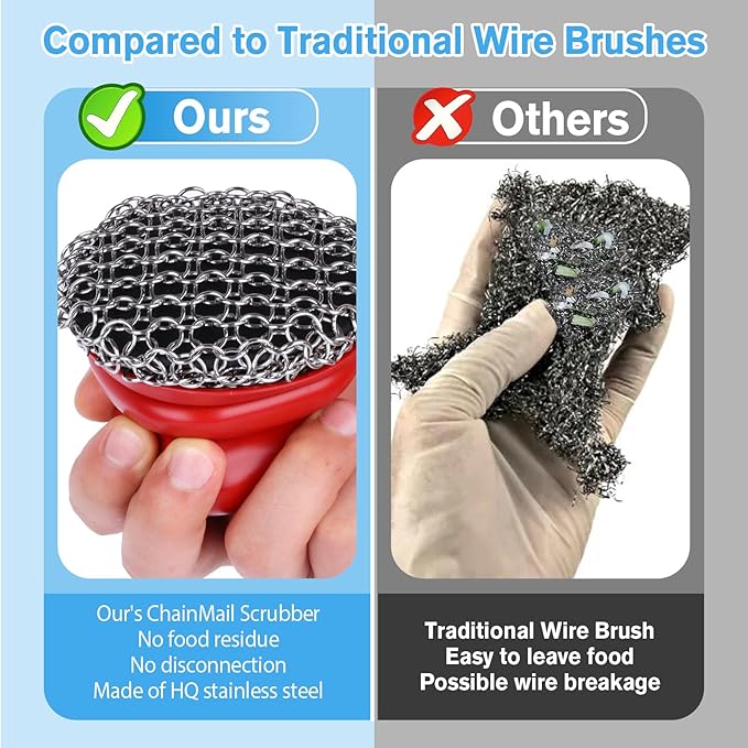 Onewly Cast Iron Scrubber and Scraper, Chain Mail Scrubber Cast Iron for Cleaning Dishes, Stock