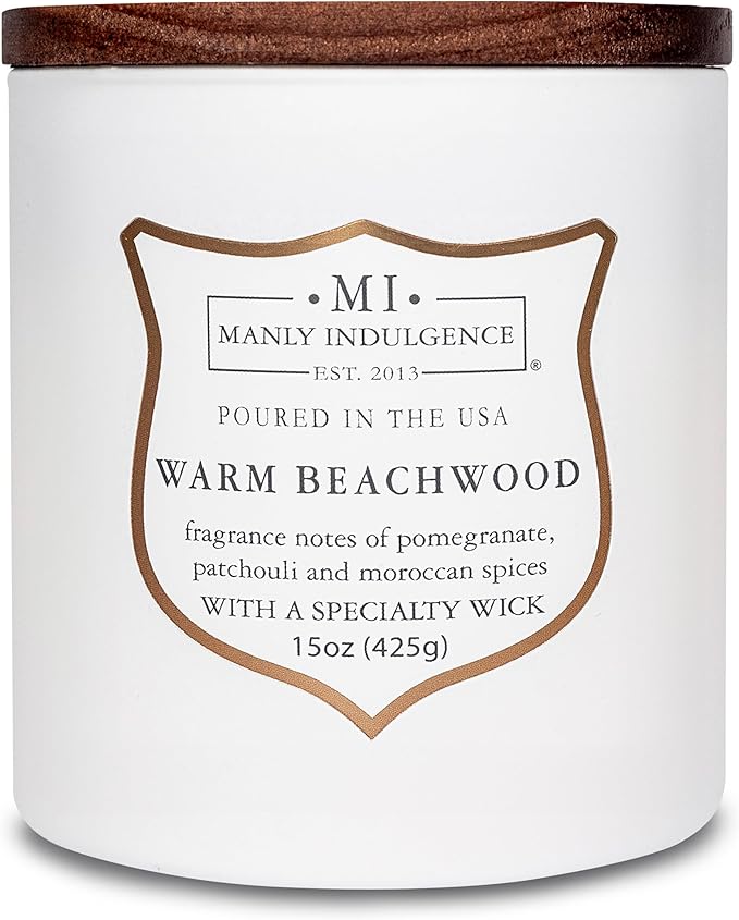 Manly Indulgence Warm Beachwood Scented Candles for Men, 15 oz Wooden Wick, Premium Soy Blend Wax