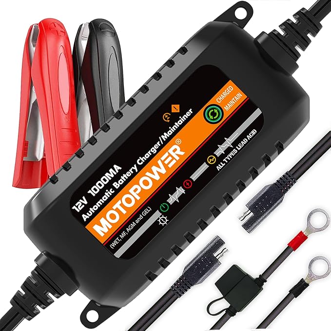 MOTOPOWER MP00205B 12V 1000mA Automatic Battery Charger, Battery Maintainer, Trickle Charger, and