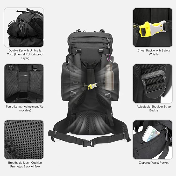 85L Lightweight Internal Frame Hiking Backpack for Men Women, Waterproof Travel Camping Backpack