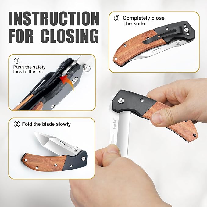 Harita Pocket Knife for Men, Folding Utility with Pocket Clip, Wood Handle EDC for Women with 3.4″