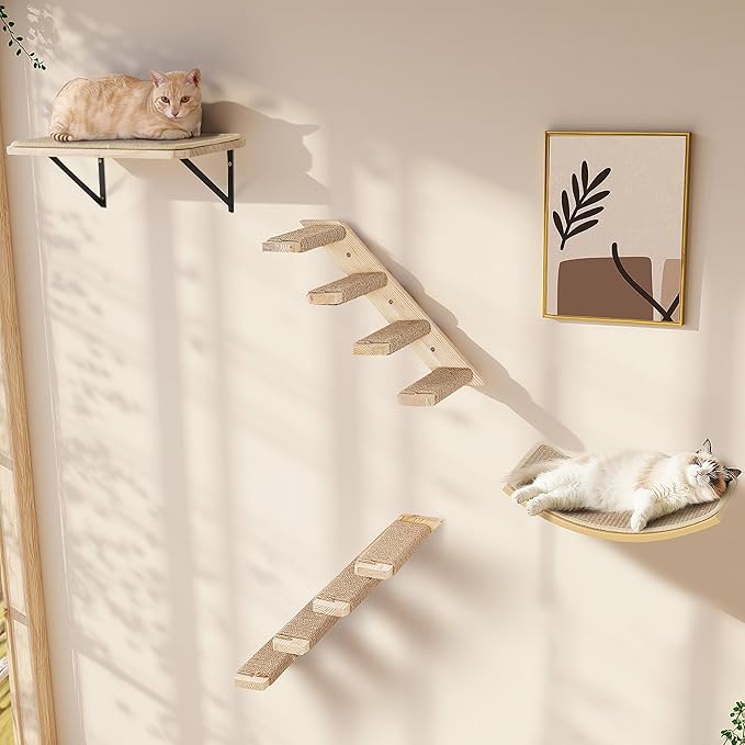 Wall Mounted Cat Shelves Stairs Set, 4 Piece Wood Cats Wall Furniture with Sisal Cat Window Perch