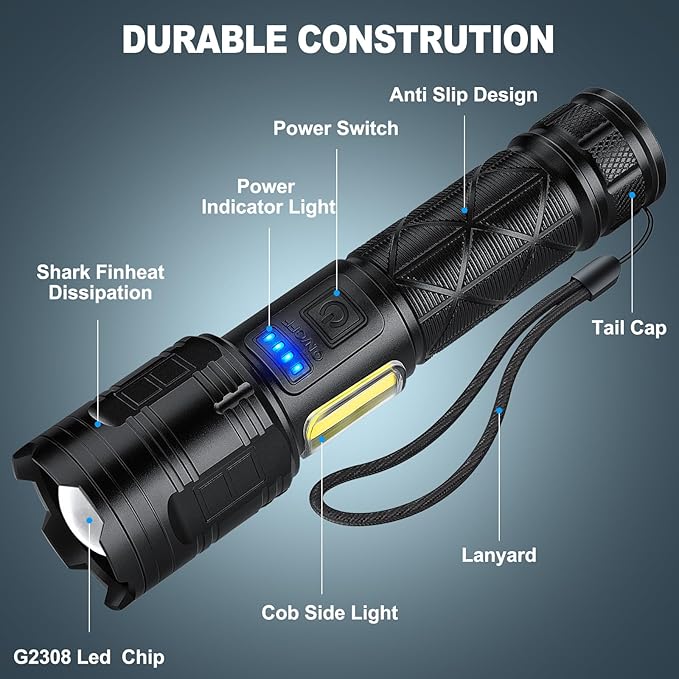 Cinlinso Rechargeable LED Flashlights 90000 High Lumens 2 Pack, Super Bright Flash Light with 7