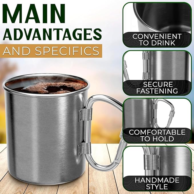13.5 Oz Stainless Steel Camping Mug with Carabiner - Metal Camping Cup for Traveling, Lightweight
