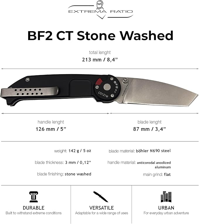 Extrema Ratio - BF2 CT (STONE WASHED), Folding Knife, Böhler N690 stainless steel blade hardened to