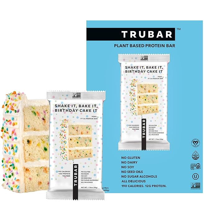 TRUBAR Vegan Protein Bar, Shake it Bake it Birthday Cake it, Gluten Free, Plant Based Protein