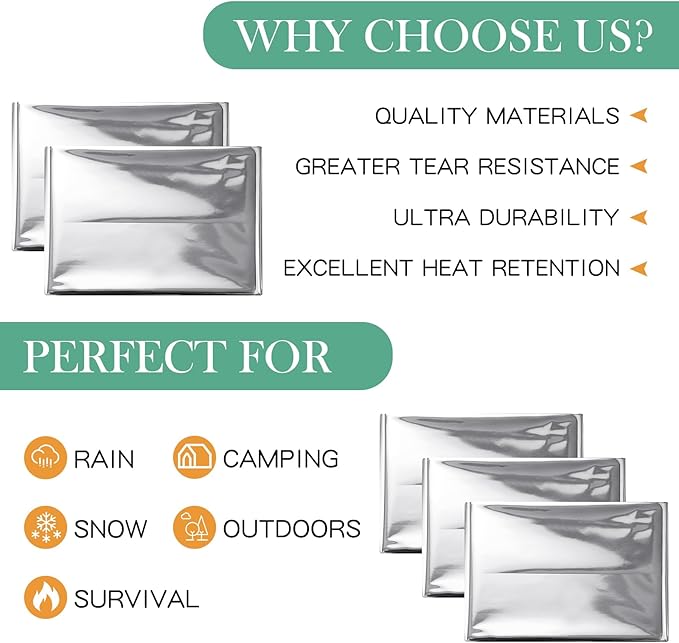 Macarrie 180 Pack Emergency Foil Thermal Blankets Silver Foil Survival Blanket Space Blanket Kit