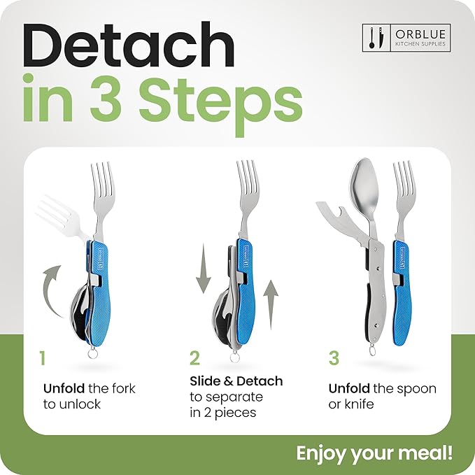 Orblue 4-in-1 Camping Eating Utensils, 2-Pack - Portable Spoon, Fork, Knife & Bottle Opener Combo