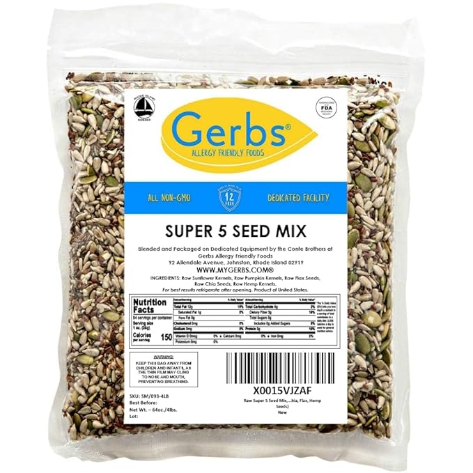 GERBS Super 5 Seed Snack Mix 4 LBS. Premium Grade | Top 14 Food Allergy Free | Resealable Bulk Bag