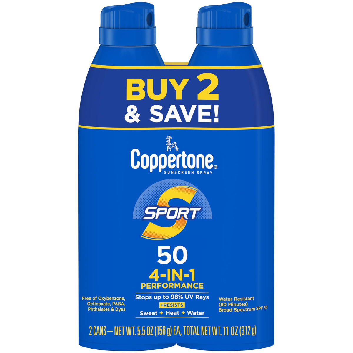 Coppertone Sport Sunscreen Spray SPF 50, Water Resistant Broad Spectrum UVA/UVB Spray Sunscreen