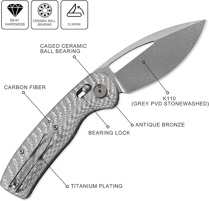 Petrified fish PFP13 Viper Folding Knife,3.5" K110 Steel Stonewashed Blade Carbon Fiber Handle