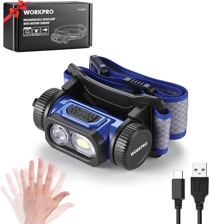 WORKPRO Rechargeable Headlamp, 700LM Super Bright Head Lamp with Motion Sensor, Memory Function