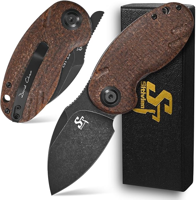 Sitivien ST153 Pocket Folding Knife,Sandvik 14C28N Black Stonewashed Blade with Micarta