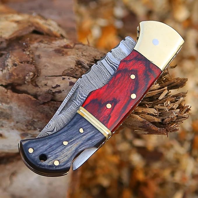 6.5 inch Damascus Pocket Knife with Sheath, Handmade Folding Pocket Knife for Men, Black-Red Wooden
