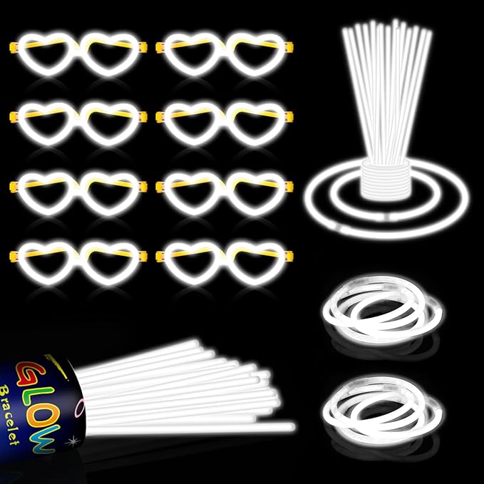 60 Pack 8??White Glow Sticks Bulk Bright Glow Sticks with 60 Connectors 20 Heart Glasses Glow In