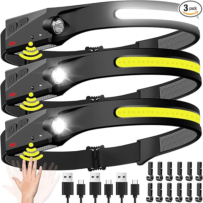 Headlamp Rechargeable 3PCS, 230° Wide Beam Head Lamp LED with Motion Sensor for Adults - Camping