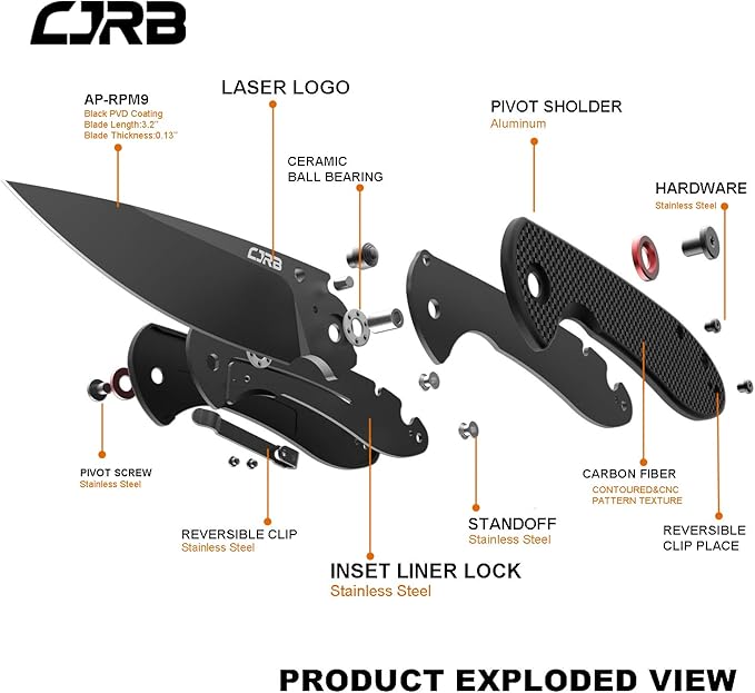CJRB CUTLERY Folding Knife Feldspar(J1912) AR-RPM9 Powder Steel Black PVD Blade Carbon fiber Handle