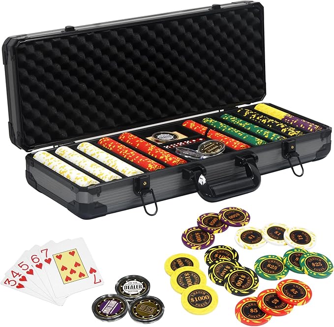 13.5 Gram Clay Poker Chip Set Texas Hold'em Casino Chips 2 Decks of Cards, Aluminum Case Dealer