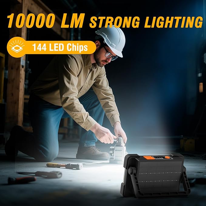 120W Solar Rechargeable Work Light, 144 LED 10000LM Led Work Light with 4 Modes, Portable Flood
