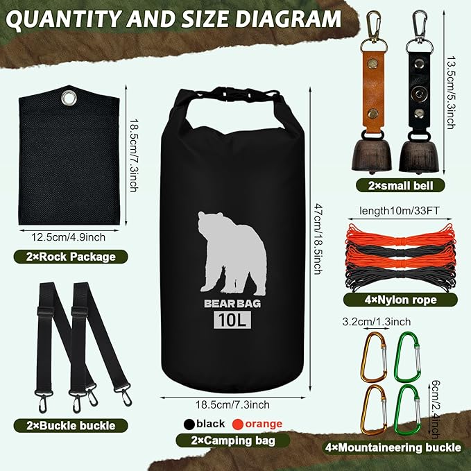 2 Pcs 10L Waterproof Bear Bags with 4 Nylon Ropes, 4 Clips & 2 Rock Pockets & 2 Small Warning Bells