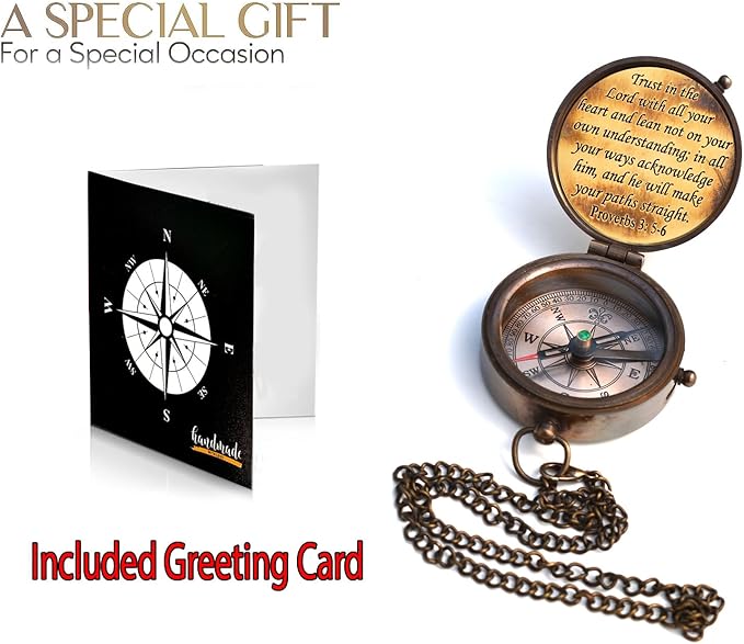 Trust in The Lord With All Your Heart - Proverbs 3:5-6 Quote Engraved Compass With Wooden Box