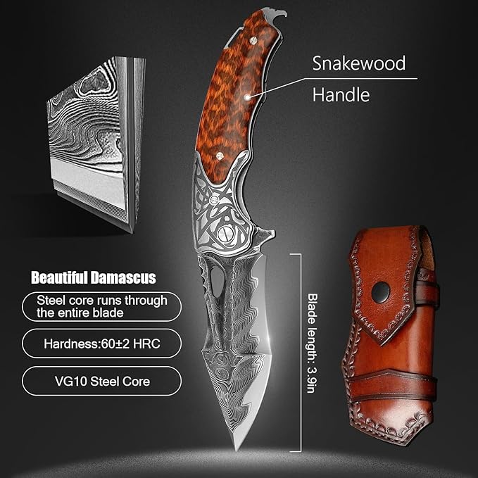 handmade damascus steel pocket folding knife, Snakewood handle with pocket clip and leather case