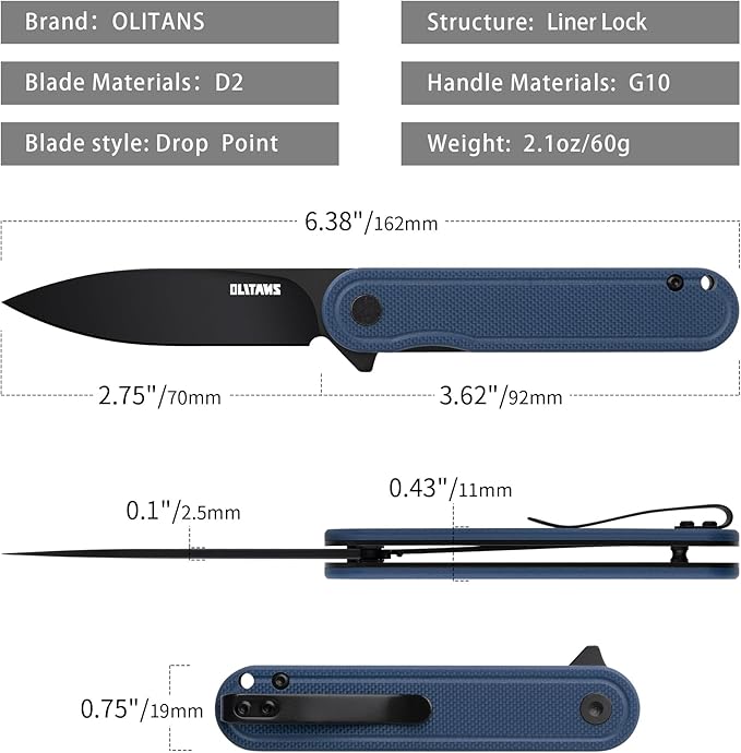 G040 Pocket Knife, 2.75'' D2 Steel Blade G10 handle, Small EDC Knife with Pocket Clip for Men