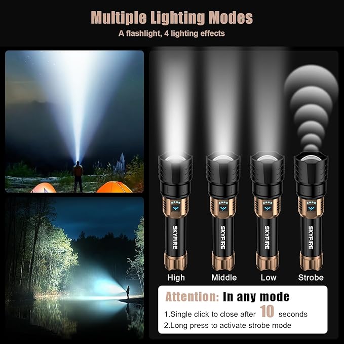 SKYFIRE LED Flashlights High Lumens with Ignition Lens,2000lm Super Bright Rechargeable