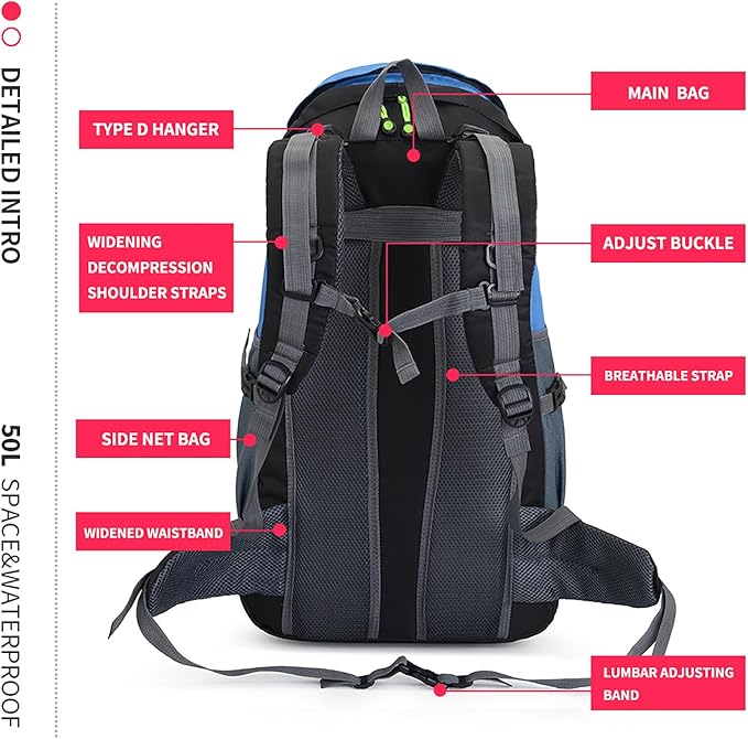 Bseash 50L Hiking Backpack, Water Resistant Lightweight Outdoor Sport Daypack Travel Bag for