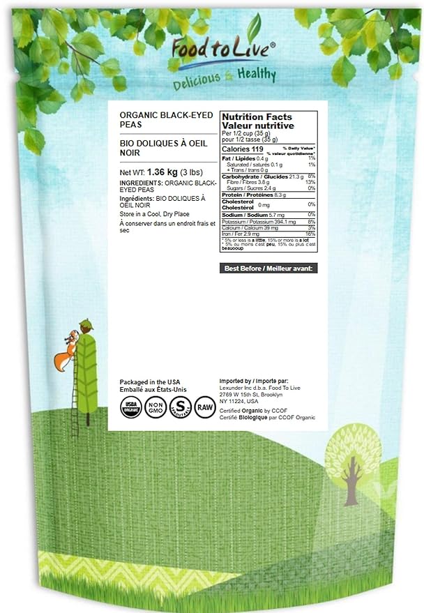 Food to Live Organic Black-Eyed Peas, 3 Pounds ??Raw Dried Cow Peas, Non-GMO, Bulk Beans, Product