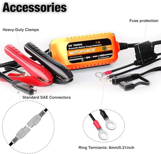 MOTOPOWER 12V 1000mA Automatic Charger - Battery Maintenance - Maintain Charger and Battery