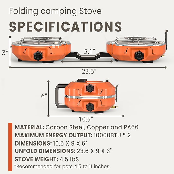 20,000 BTUs 2 Burner Propane Camping Stove, Portable Folding Camp Stove with Adjustable Burners