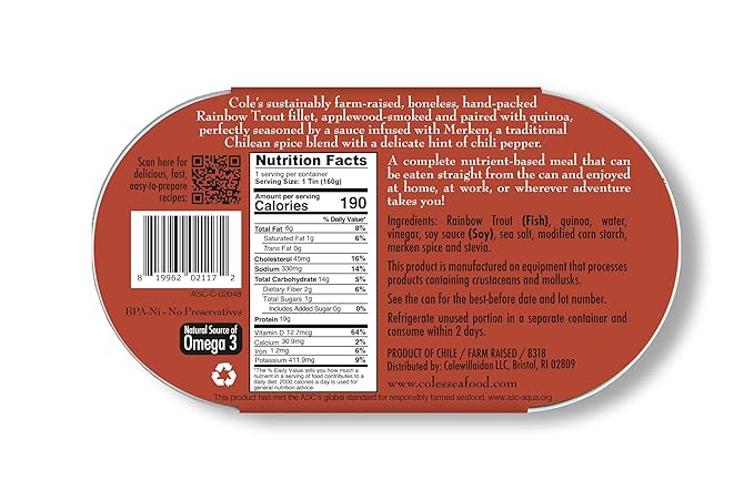 COLE?™S - Smoked Rainbow Trout Fillet with Quinoa | Open & Ready to Eat Meal | 5.6 oz Canned &