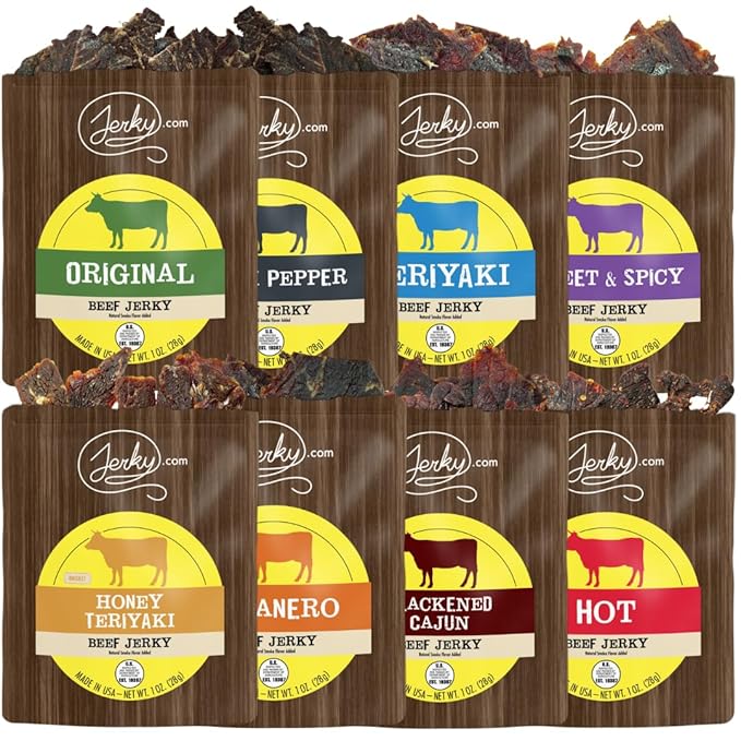 Jerky.com Beef Jerky Sampler - Featuring Original, Black Pepper, Teriyaki, Sweet & Spicy, Hot