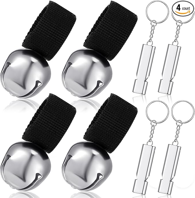 4 Sets Bear Bells with Whistle for Hiker, Loud Bear Bell with Emergency Whistle, Bear Bells for