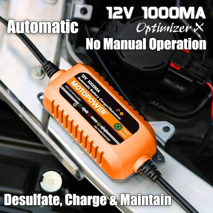 MOTOPOWER 12V 1000mA Automatic Charger - Battery Maintenance - Maintain Charger and Battery
