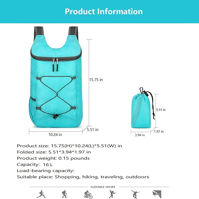 16L Lightweight Foldable Hiking-Backpack Small Packable-Daypack For Travel,Ultralight