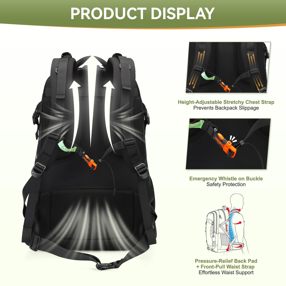 Super Eager Hiking Backpack - 50L, Waterproof, Black - product view 4