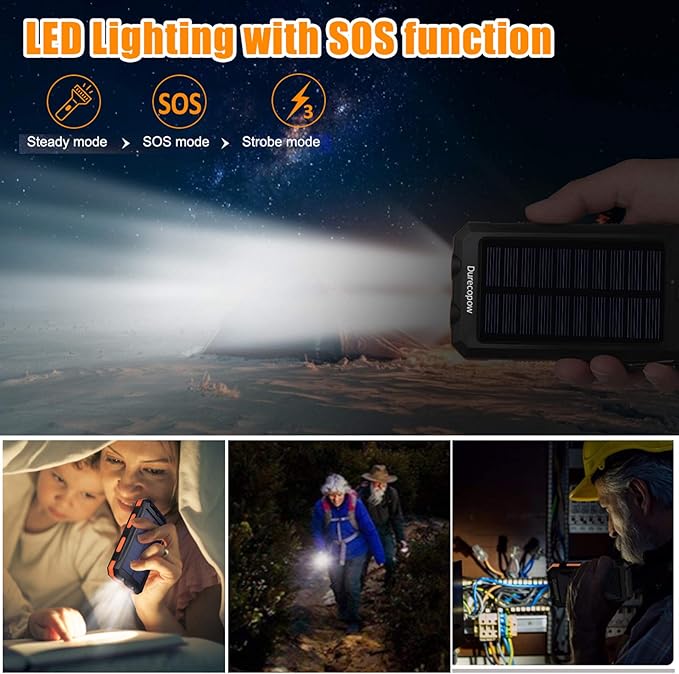 Solar Charger Power Bank, 20000mAh Portable Outdoor Waterproof Solar Battery Charger, Camping