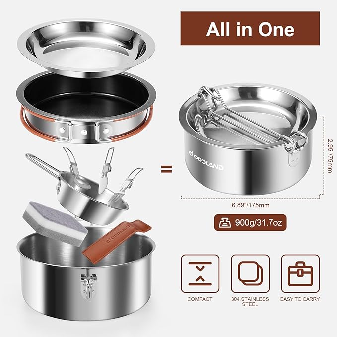 Odoland 10pcs Camping Cookware Stainless Steel Camping Pot and Pan Set with Plate Bowl Fork Knife